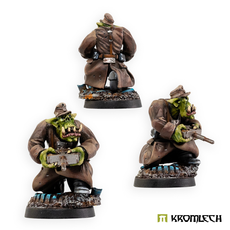 Three painted views of the kneeling operator in greatcoat and peaked cap, control box in hand