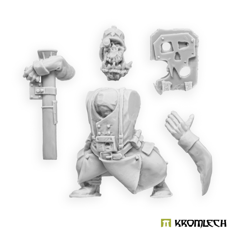 The Panzerschreck gunner parts in grey resin: body, head, launcher, shield and arm