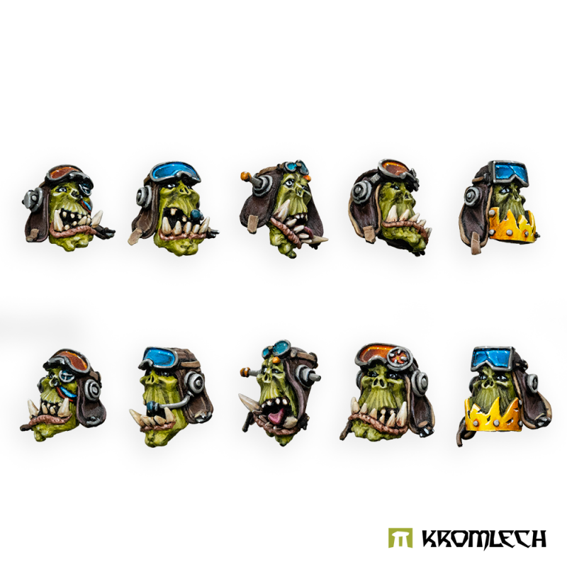 The ten painted Orc Pilot Heads turned to show the sides of the helmets and earphones