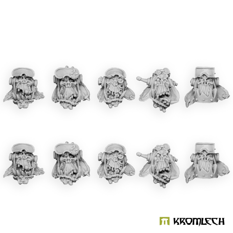 The ten Orc Pilot Heads in grey resin, five sculpts in two rows