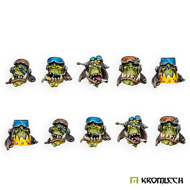 Kromlech Orc Pilot Heads painted: ten green orc heads in leather flying helmets with blue and orange goggles