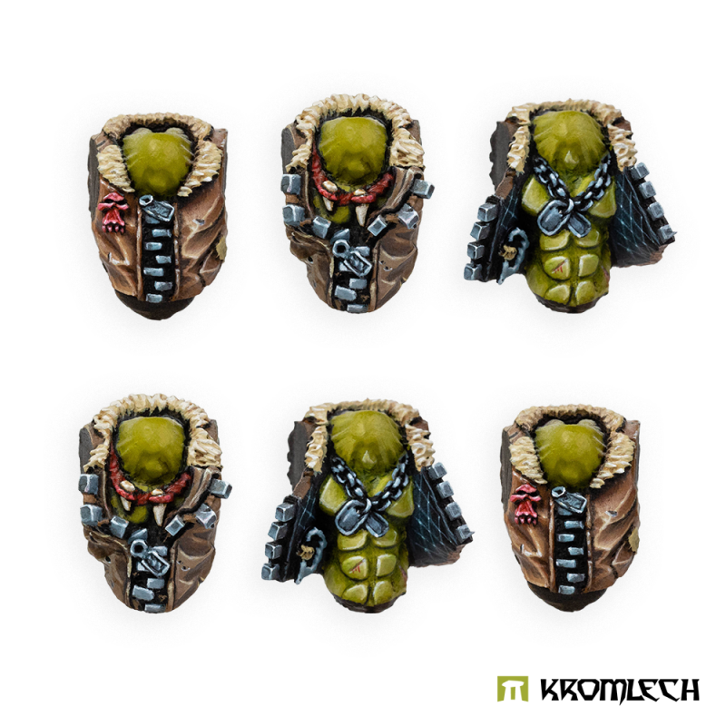 Kromlech Orc Pilot Torsos painted: six orc chests in brown flight jackets with fleece collars