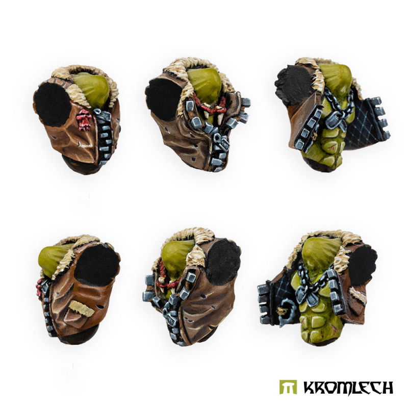 The six painted Orc Pilot Torsos turned to the side, showing the jacket backs