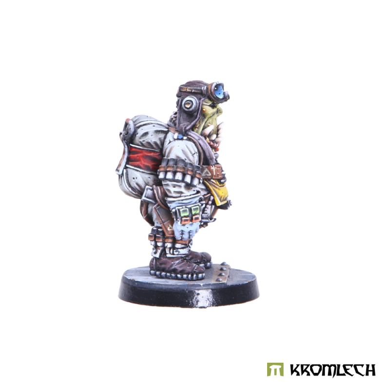 The painted Orc Pilot from the other side, with a red strap round the pack