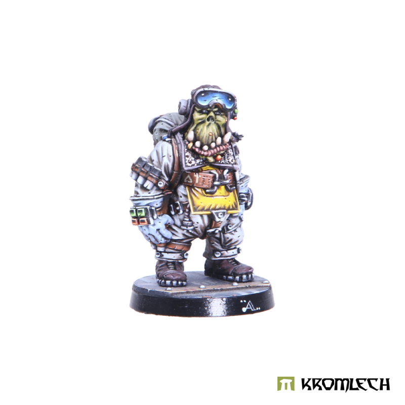 Kromlech Orc Pilot painted: an orc in a pale grey flight suit, goggled helmet and yellow map case