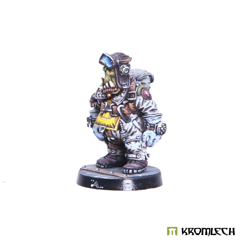 The painted Orc Pilot turned to the side, showing the pack on his back