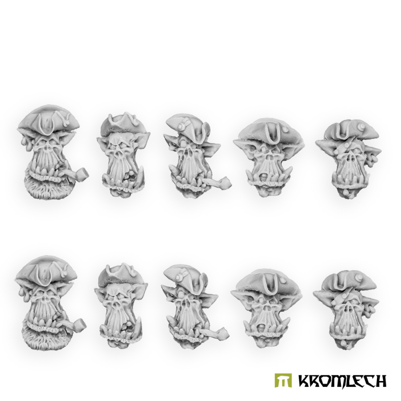 The ten Orc Pirate Heads in grey resin, five sculpts in two rows