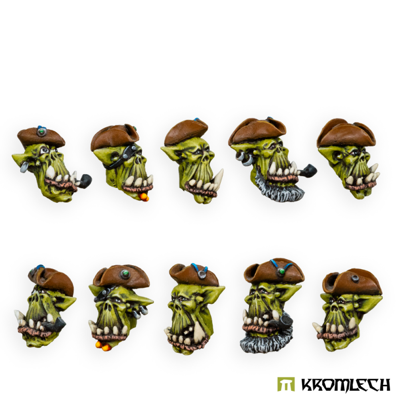 The ten painted Orc Pirate Heads seen from the side