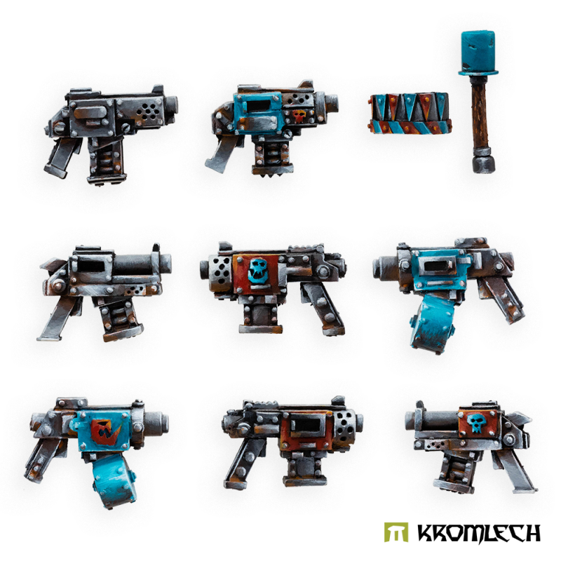 Kromlech Orc Pistols painted: eight gunmetal orc handguns with blue and red panels, a stick grenade and a shoulder pad