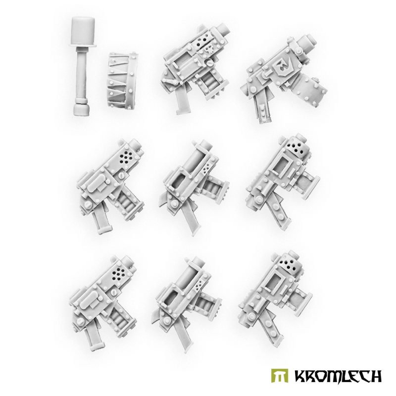 The Orc Pistols parts in grey resin: eight pistols, a stick grenade and a ribbed shoulder pad