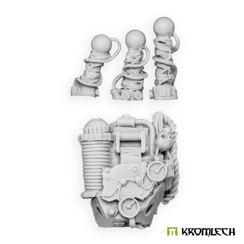 Kromlech Orc Power Field Backpack parts in grey resin: the generator pack and three bulb-tipped arms