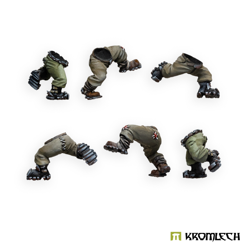 Kromlech Orc Running Legs painted: six orc legs in green trousers and dark boots, mid-stride