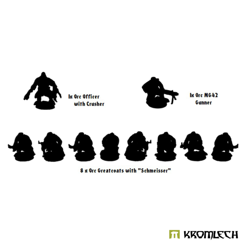 Silhouette chart of the squad: one officer, one machine gunner and eight orcs with Schmeisser guns