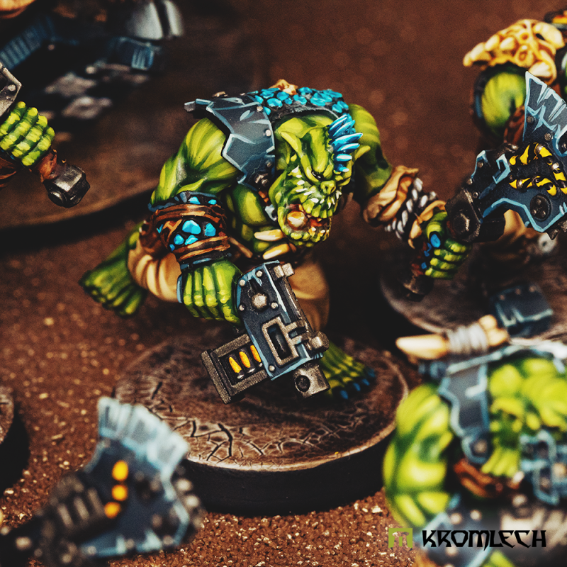 Close-up of a painted Wild Tribez orc aiming a slug pistol; the figure is not included