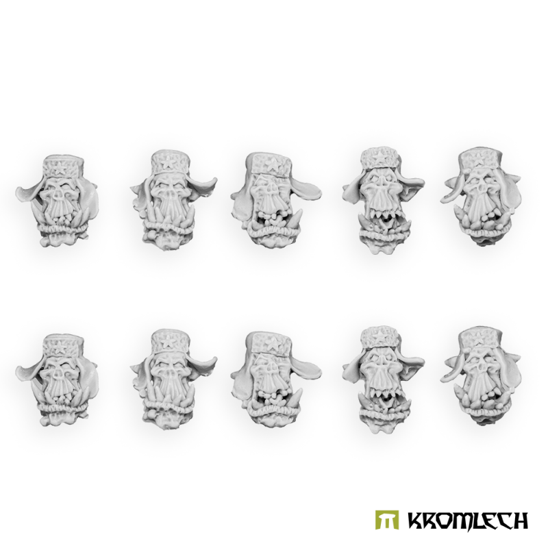 The ten Orc Soviet Heads in grey resin, five designs shown twice