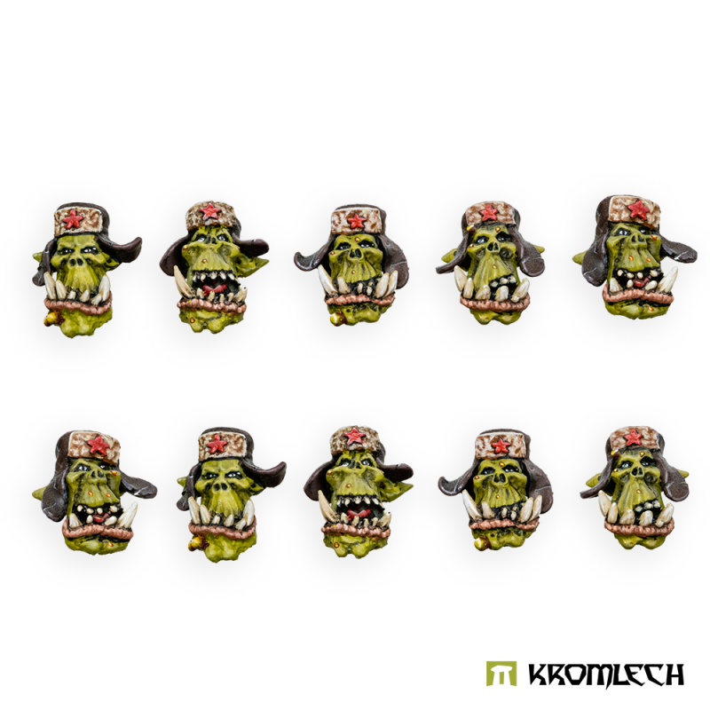 Kromlech Orc Soviet Heads painted: ten tusked orc heads in fur hats with ear flaps and red star badges