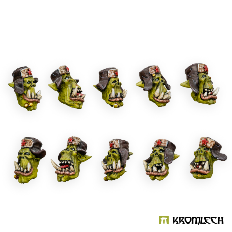 The ten painted Orc Soviet Heads turned to show their faces from the side