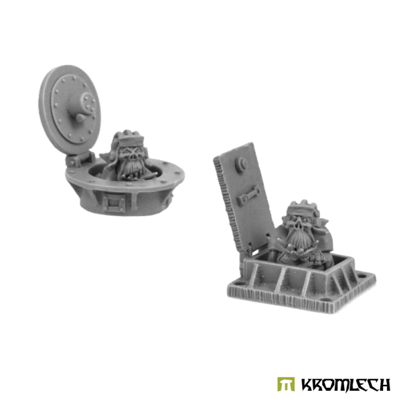 Example of use: two grey resin crewmen in open vehicle hatches; the hatches are not included