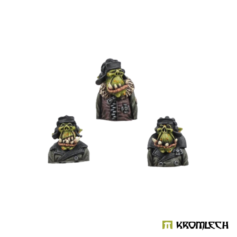 Kromlech Orc Tank Crew painted: three orc crewmen cut off at the chest, in padded tank caps with ear flaps
