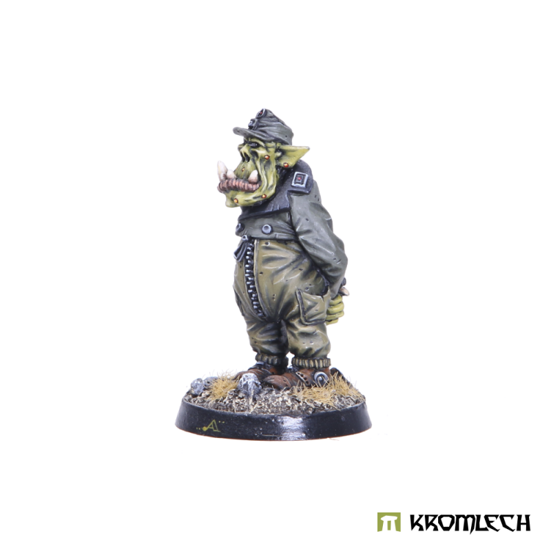 The Orc Tank Driver seen from the side, tusks jutting past his lips