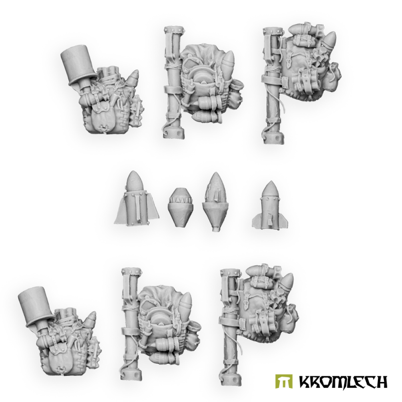 Kromlech Orc Tank Hunter Backpacks in grey resin: six backpacks with launcher tubes and four loose rockets