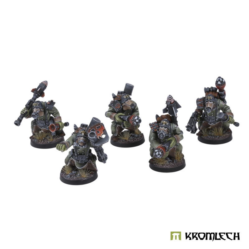 Kromlech Orc Tank Hunters Team painted: five crouching greatcoat orcs in helmets and gas masks with rocket launchers