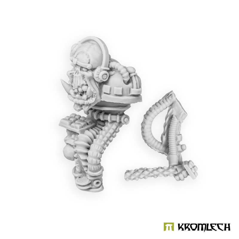 Kromlech Orc Vehicle Crew Bionic Gunner in grey resin: orc head in a cabled helmet on a column of pipes, plus a cable piece