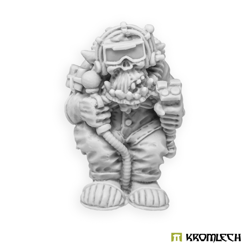 Kromlech Orc Vehicle Crew Driver in grey resin: orc in overalls and goggles, a hose at his mouth, gripping a lever