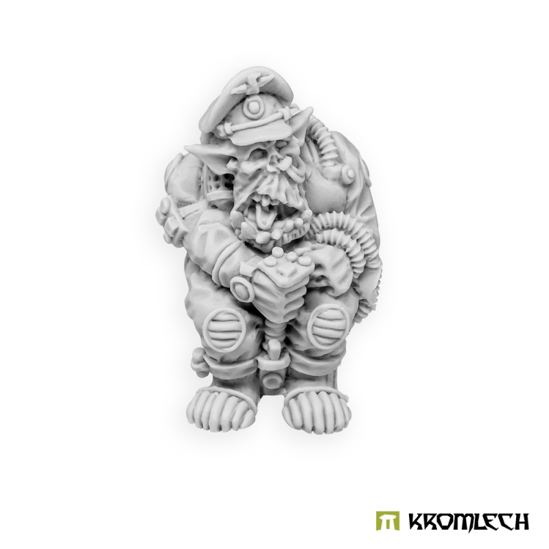 Kromlech Orc Vehicle Crew Officer in grey resin: orc in a peaked cap, holding a control box, a hose over his shoulder