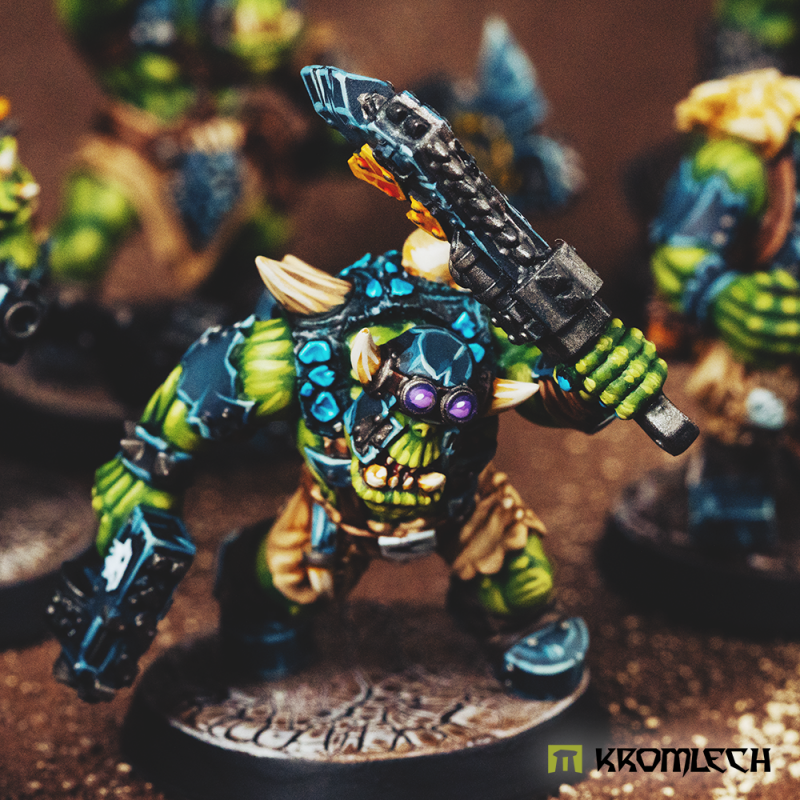 Example of use: an orc raising a studded blade overhead, close up