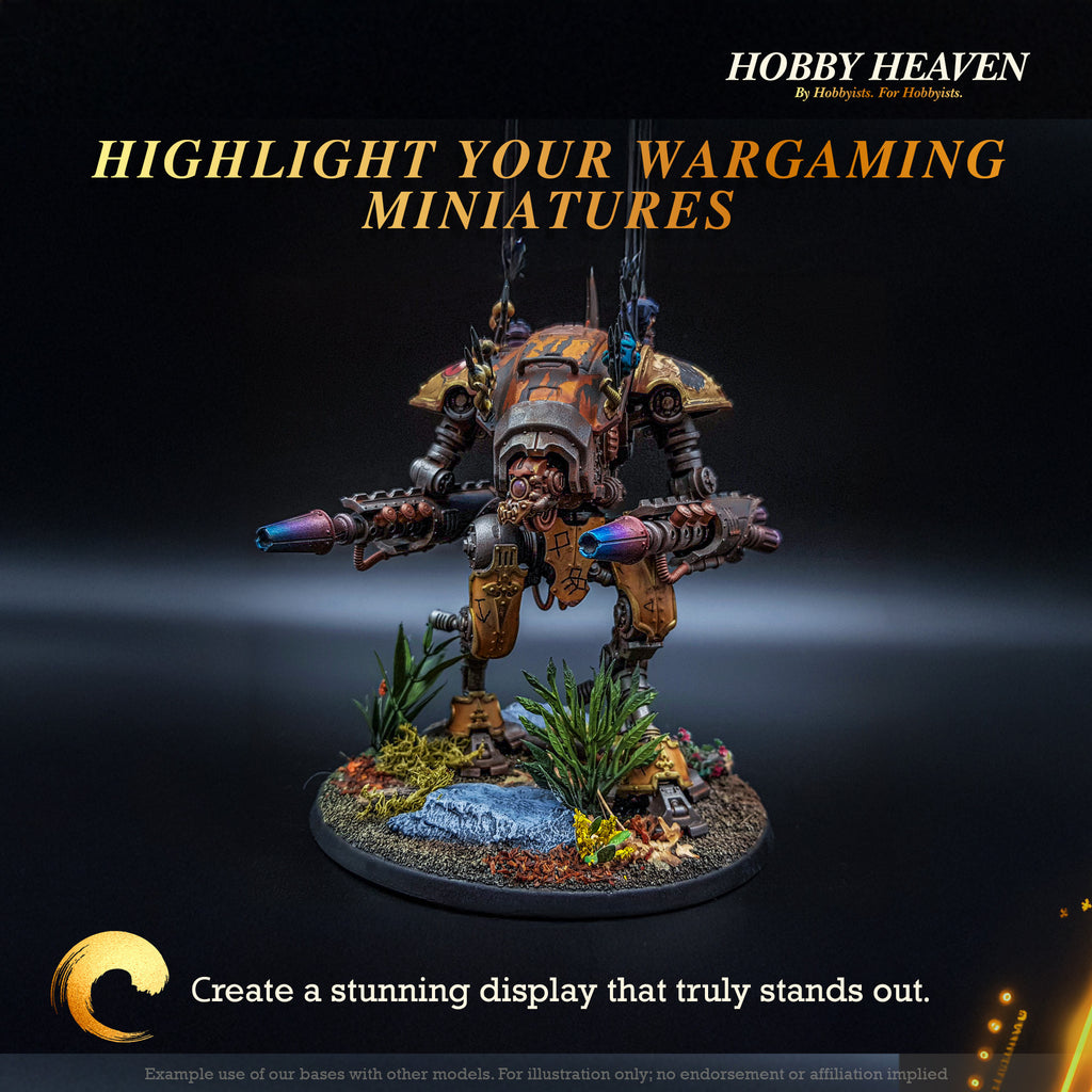 Highlight your wargaming miniatures" banner featuring a detailed painted figure, promoting Hobby Heaven products for creating stunning and standout displays. Ideal for hobbyists seeking high-quality bases for their miniature collections.