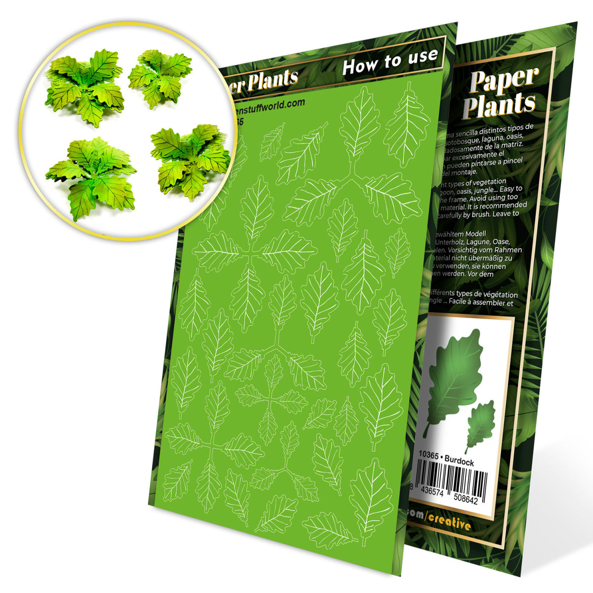 Uncoloured Paper Plants Burdock pack: green laser-cut sheet with a picture of the finished plants