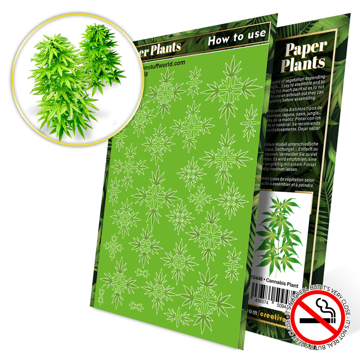 Uncoloured Paper Plants Cannabis pack: green laser-cut sheet with a picture of the finished plants
