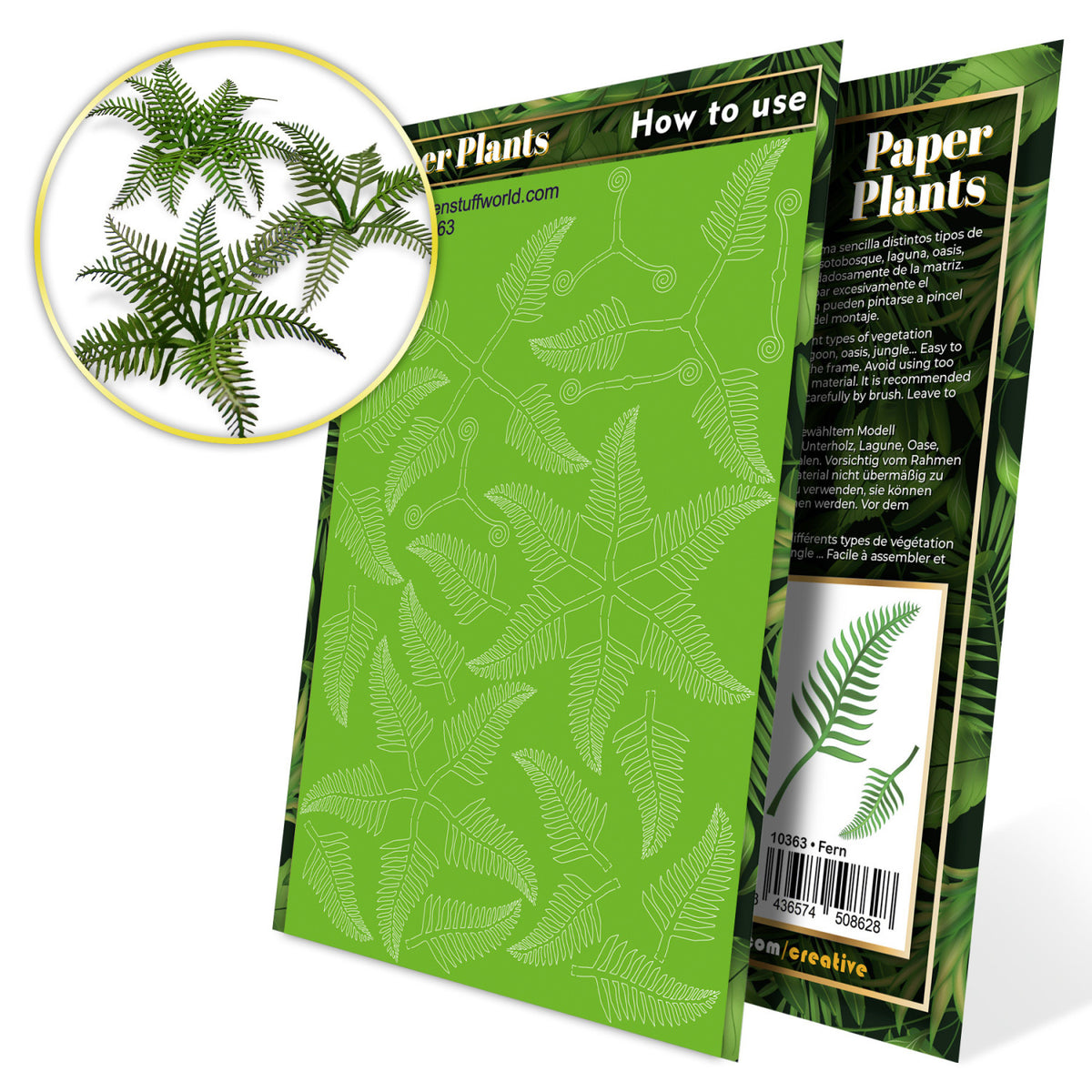 Uncoloured Paper Plants Fern pack: green laser-cut sheet with a picture of the finished plants