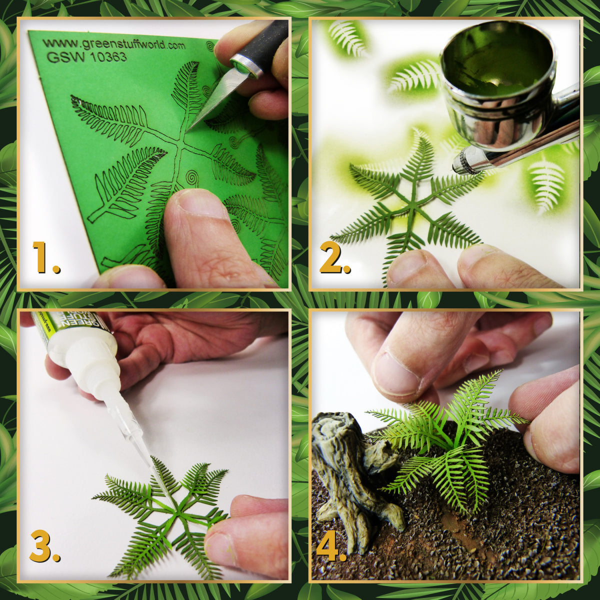 How to use uncoloured Paper Plants: cut from the sheet, airbrush, glue with CA, place on the base