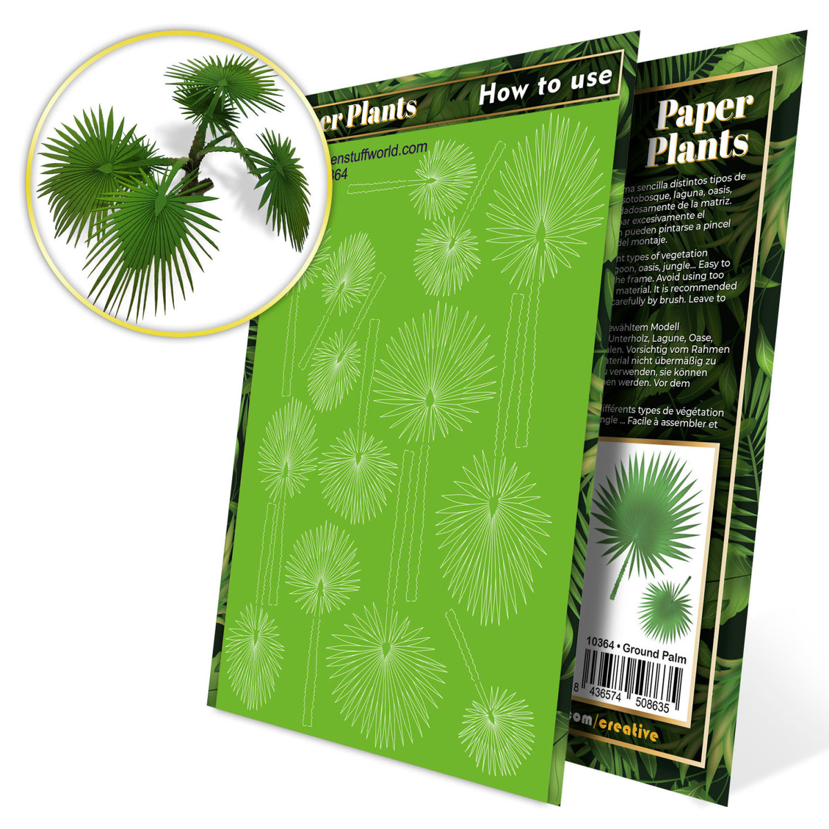 Uncoloured Paper Plants Ground Palm pack: green laser-cut sheet with a picture of the finished plants
