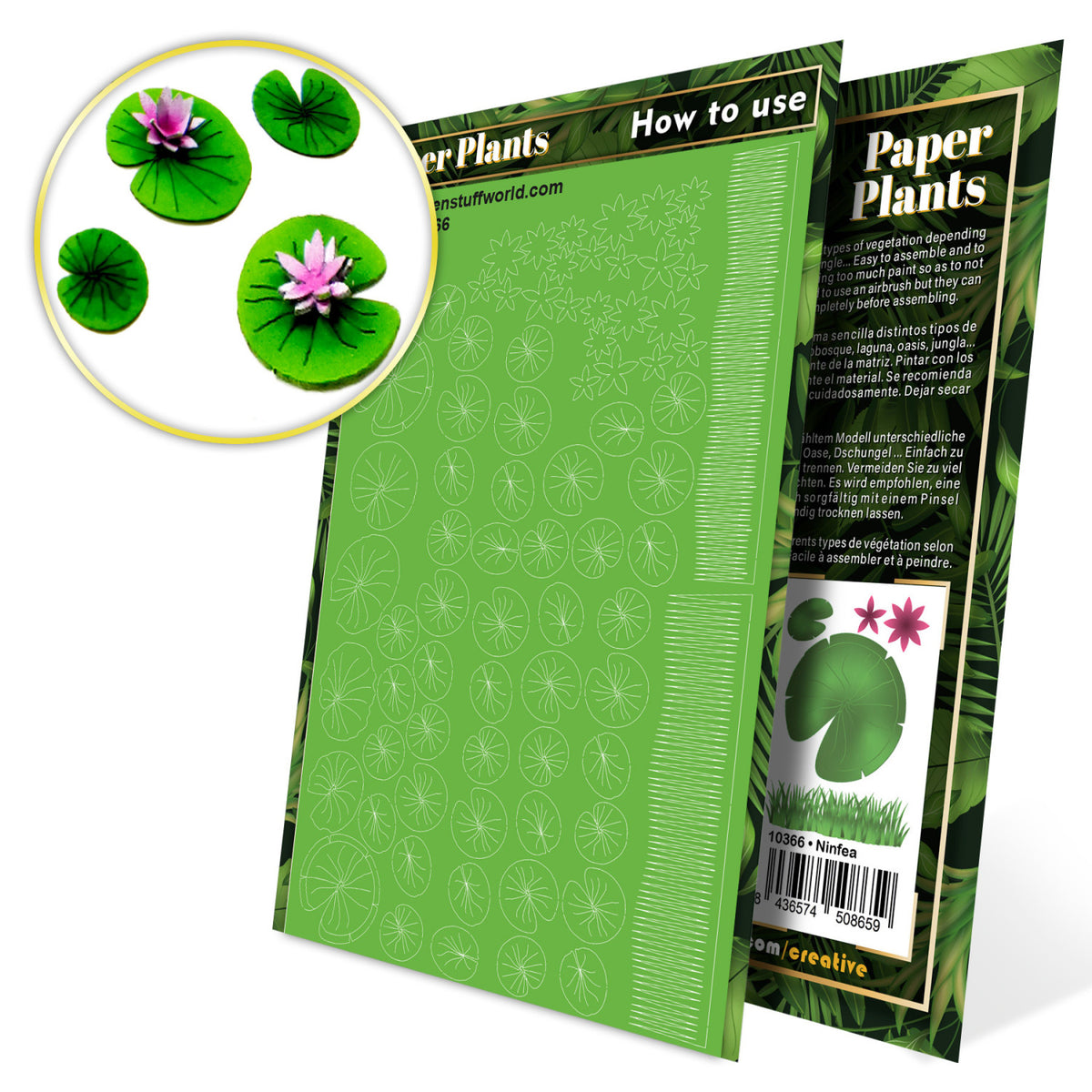 Uncoloured Paper Plants Lily Pads pack: green laser-cut sheet with a picture of the finished plants