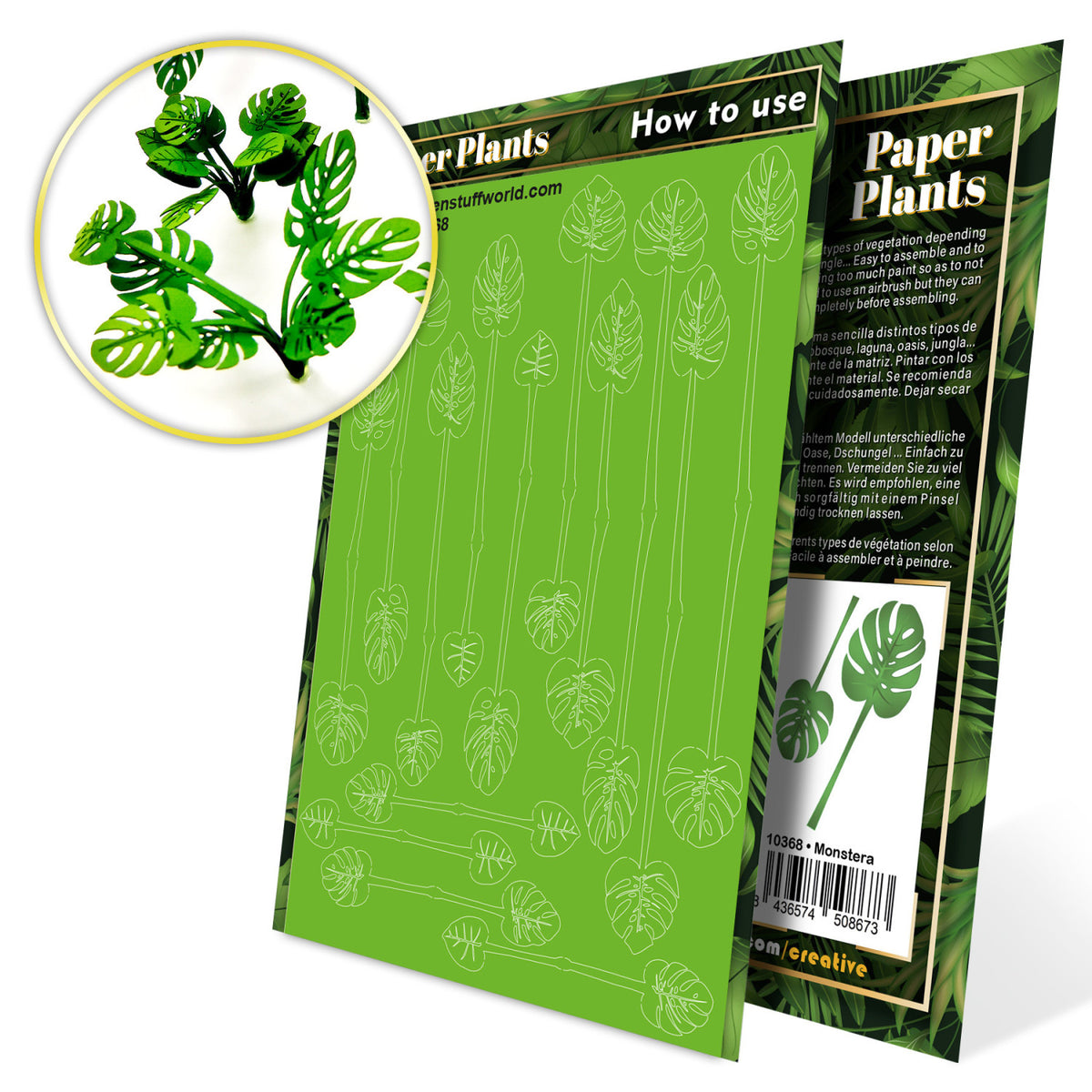 Uncoloured Paper Plants Monstera pack: green laser-cut sheet with a picture of the finished plants
