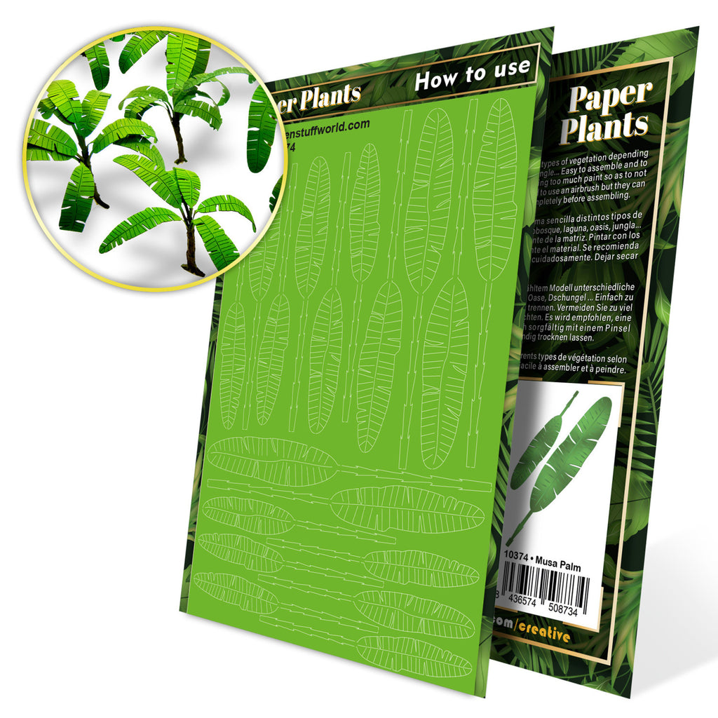 Uncoloured Paper Plants Musa Trees pack: green laser-cut sheet with a picture of the finished plants