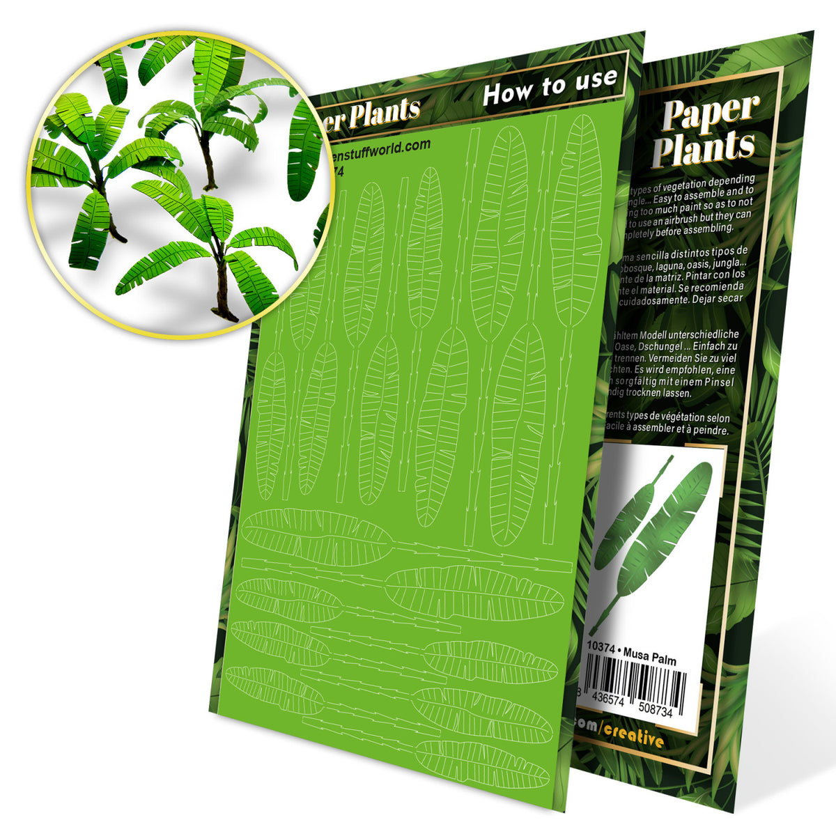 Uncoloured Paper Plants Musa Trees pack: green laser-cut sheet with a picture of the finished plants