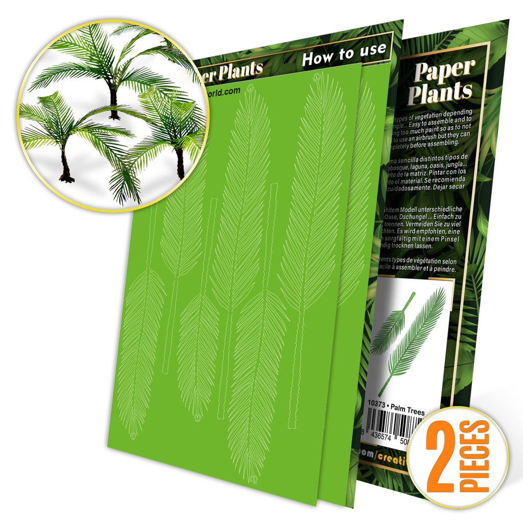 Uncoloured Paper Plants Palm Trees pack: green laser-cut sheet with a picture of the finished plants