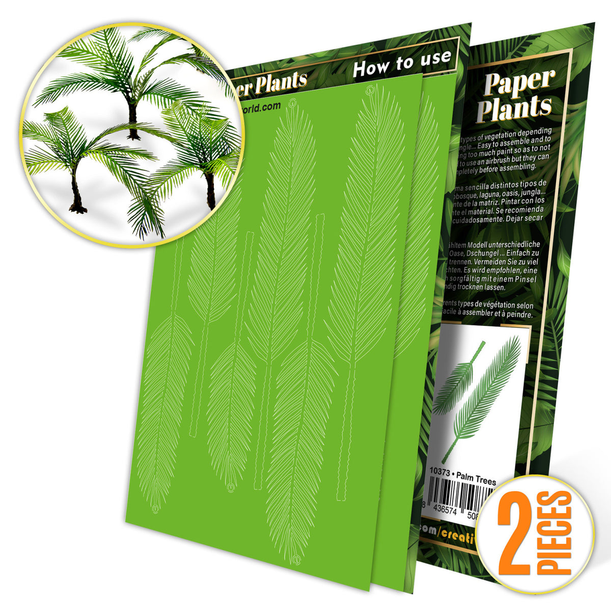 Uncoloured Paper Plants Palm Trees pack: green laser-cut sheet with a picture of the finished plants