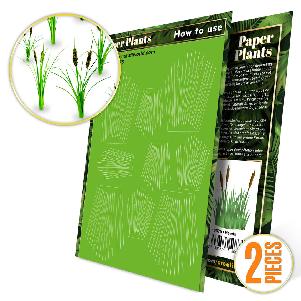 Uncoloured Paper Plants Reeds pack: green laser-cut sheet with a picture of the finished plants