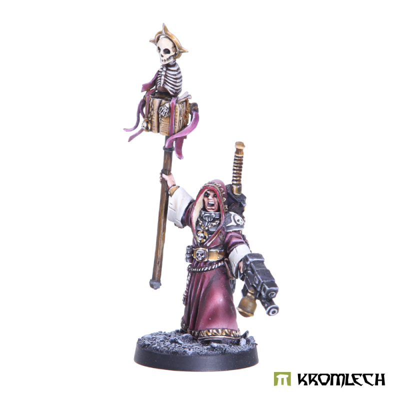 Kromlech Paulus von Phyrra, painted: a hooded preacher in crimson robes raising a skeleton-topped standard