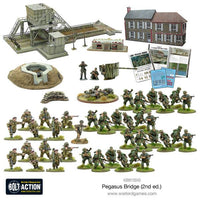 Bolt Action Pegasus Bridge Second Edition set with detailed miniatures and terrain pieces.
