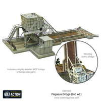 Close-up view of the tilting Pegasus Bridge model with working checkpoints.
