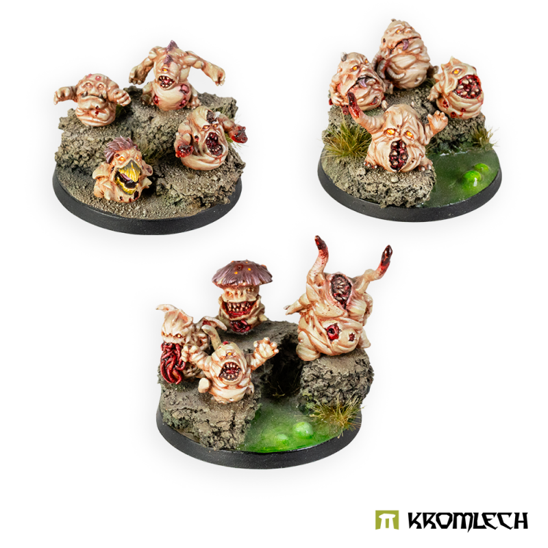 Kromlech Plaguelings, painted: twelve small fleshy creatures on three round bases, four to a base