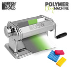 Green Stuff World polymer clay machine rolling a green-to-white sheet, with blocks of coloured clay
