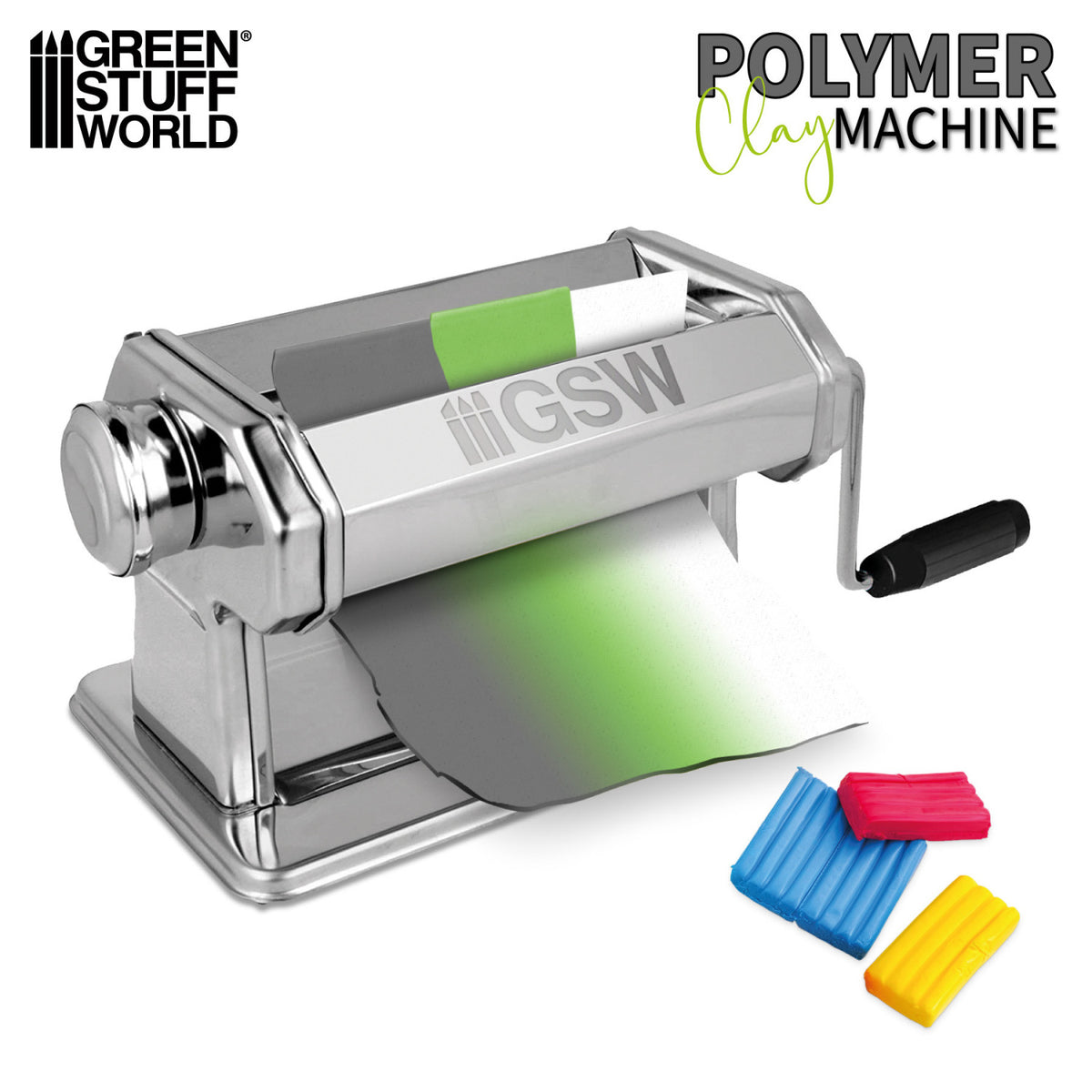 Green Stuff World polymer clay machine rolling a green-to-white sheet, with blocks of coloured clay