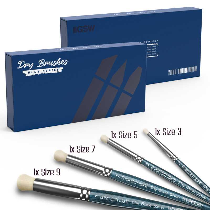 Dry brushes with their packaging on a white background